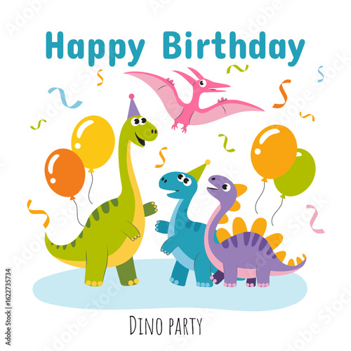 Happy birthday greeting card for a child. Dino party. Cute dinosaurs with hats. Vector illustration