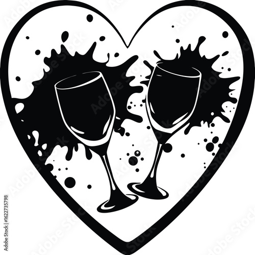 Celebration with a toast of wine and champagne glasses featuring a heart for love and a special holiday, special, wineglass, champagne glass, sparkling