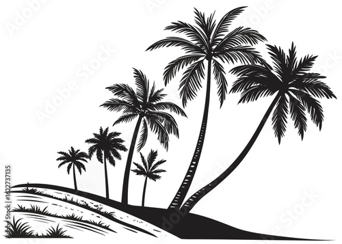 Silhouette of multiple palm trees on a grassy incline with a white background tropical island