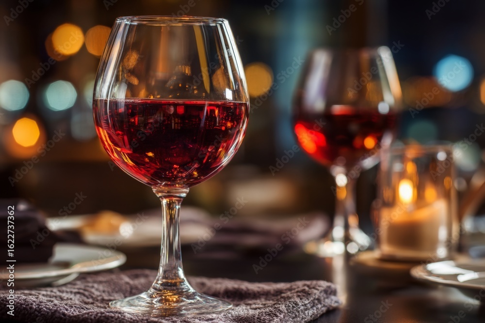 Elegant wine glass on a dining table with ambient lighting during a cozy evening gathering Elegant wine glass on a dining table with ambient lighting during a cozy evening gathering