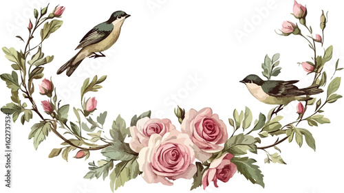 Watercolor Floral Arrangement with Birds Roses and Leaves on White Background