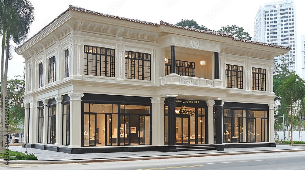 Fototapeta premium Elegant, classic storefront building with large windows.