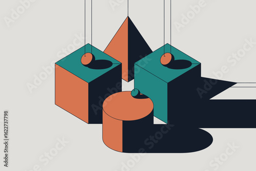 Isometric arrangement of geometric shapes including cubes cylinders pyramids and spheres with shadows cast