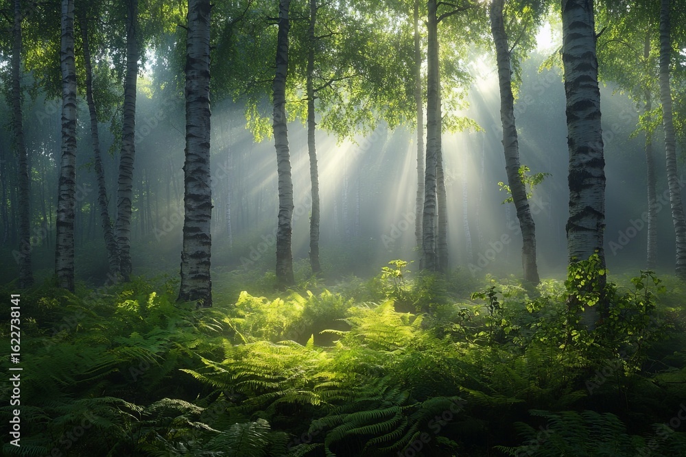 Obraz premium Sunlight streaming through lush green forest with ferns and tall trees creating a magical serene atmosphere