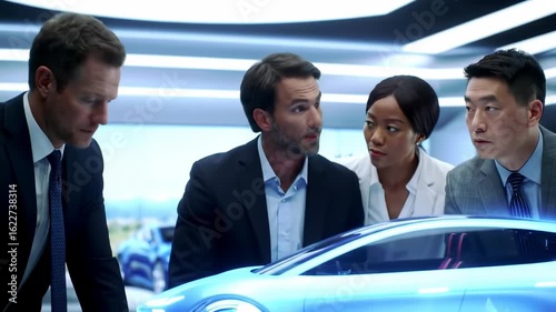 Business team examines a futuristic car model