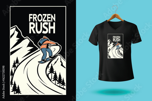 Snowboarder is having fun riding down a snowy mountainside in a cool, vintage style illustration. This design is perfect for winter sports enthusiasts