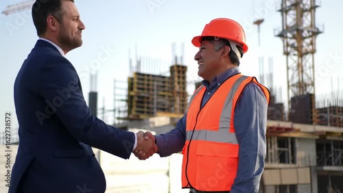 Businessman and construction worker shaking hands on a construction site