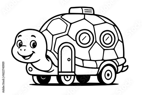 Turtle Camper Van Animal Vehicle Isolated Vector Coloring Page
