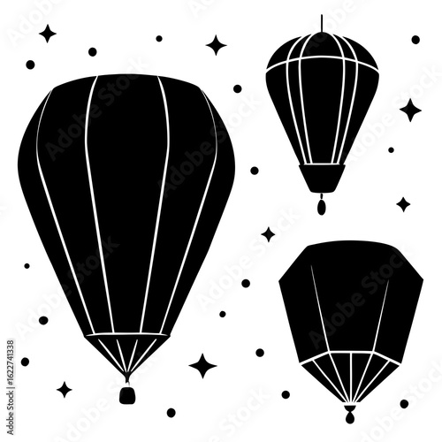 Black hot air balloons floating among stars lantern