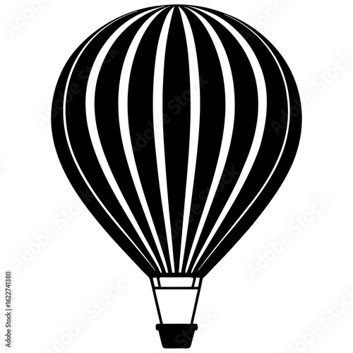 Black hot air balloon with white stripes and basket