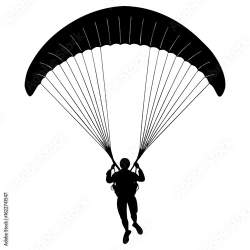 Black paraglider silhouette against white flying