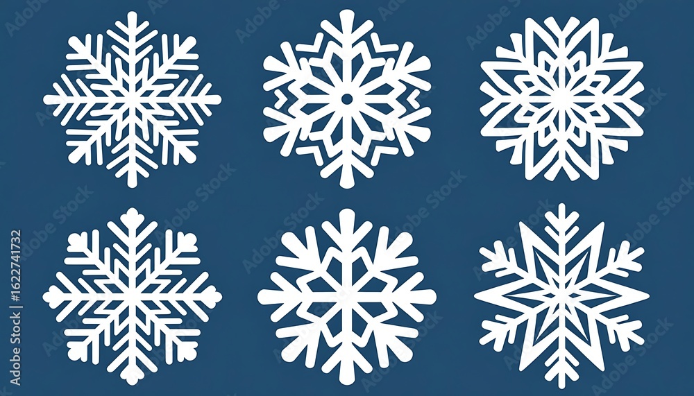 Fototapeta premium Six white snowflakes of different shapes falling on a blue background, perfect for winter, christmas and new year's eve projects
