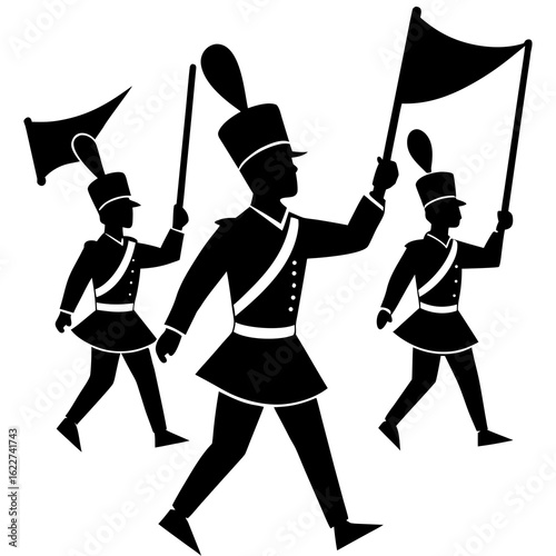 Black silhouette marching band members with flags white