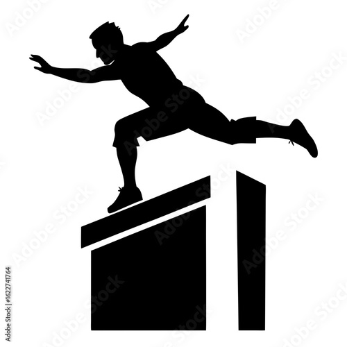 Black silhouette man jumping over obstacle parkour