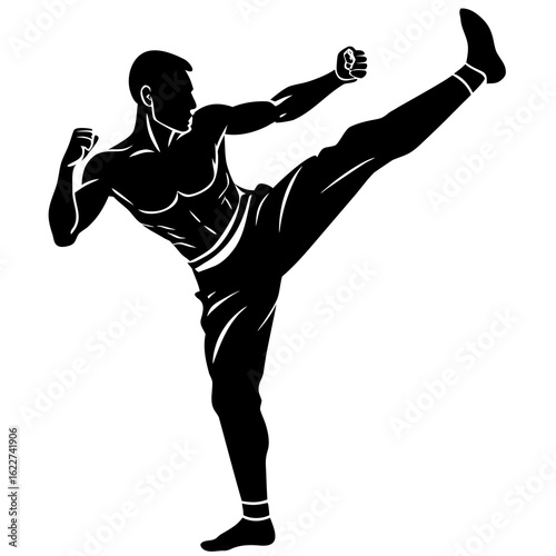 Black silhouette of a kickboxer performing a high kick