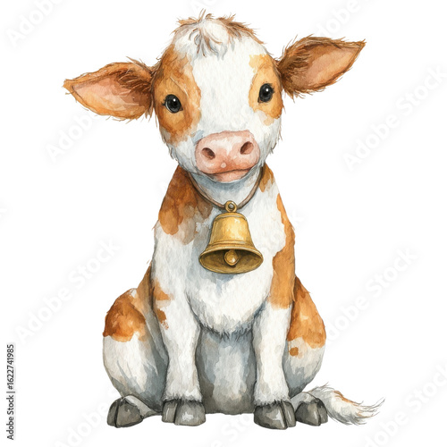 A cow with a bell on on transparent background