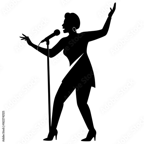 Black silhouette of a woman singing into a microphone