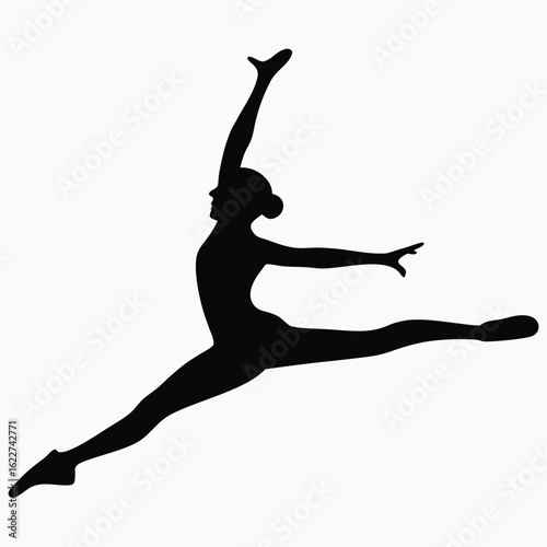 Silhouette of a female ballet dancer executing a split leap on a white background Keywords: ballet dancer, silhouette, female, woman, dancer, ballerina, graceful, pose, split leap, dance, movement