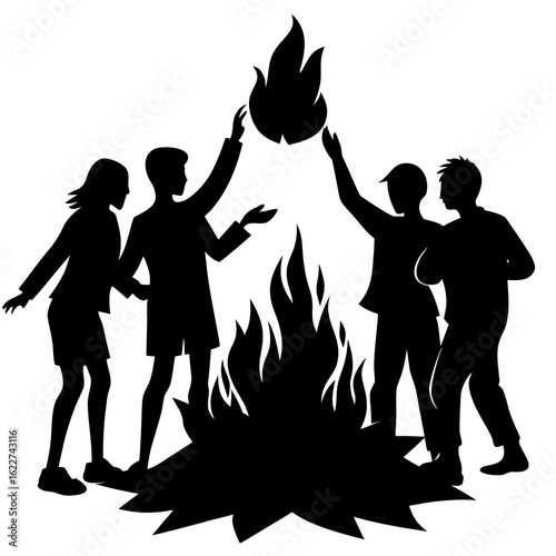 Friends gathered around bonfire people gathering