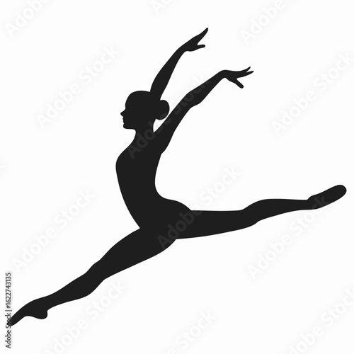 Silhouette of a female ballet dancer performing a grand jeté on a white background Keywords: ballet dancer, silhouette, female, woman, dancer, ballerina, graceful, pose, grand jeté, dance