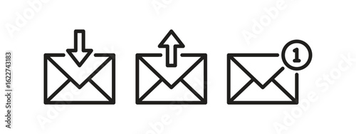 Minimalist mail icon set showing inbox, outbox, and notification messages in clean linear style for communication or email-related design.
