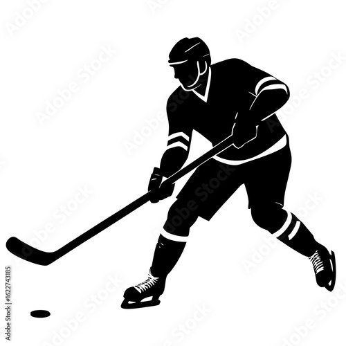 Hockey player striking puck black silhouette stick