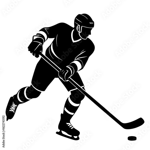 Hockey player striking puck silhouette stick ice skates