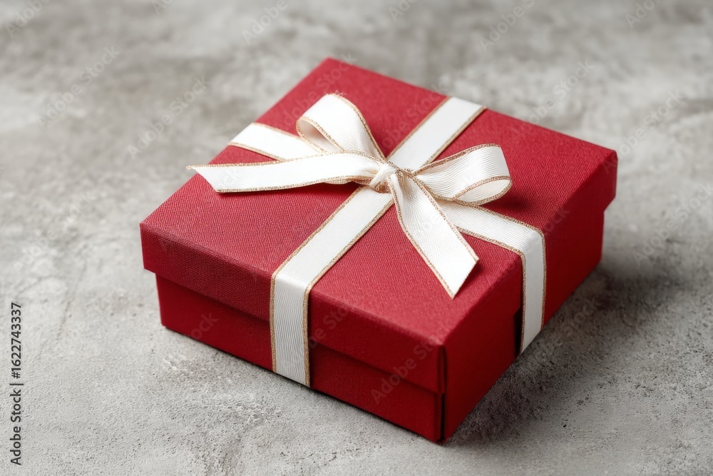 Obraz premium Beautifully wrapped red gift box with ribbon on gray surface, perfect for celebrations and special occasions