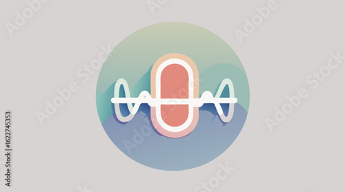 Circular icon with a stylized microphone and audio waveform. Vector illustration for sound recording, voice assistance, or communication.