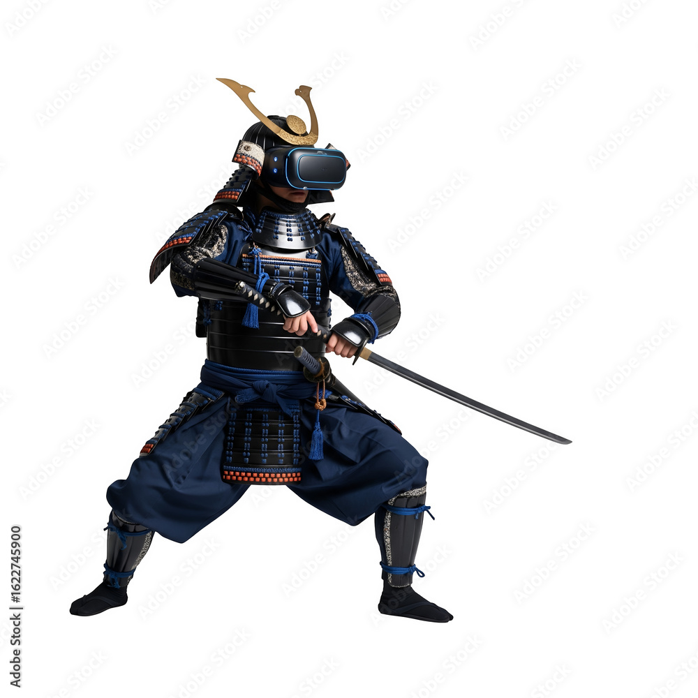 Obraz premium Samurai warrior with a katana wearing a VR headset isolated on a transparent background 