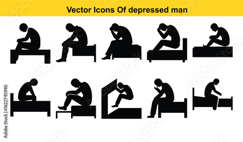Vector illustration of a man experiencing sadness and emotional distress depicted with a somber expression and body language
