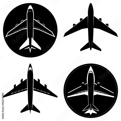 Four airplane icons in black and white showing different angles and styles of commercial jet aircrafts