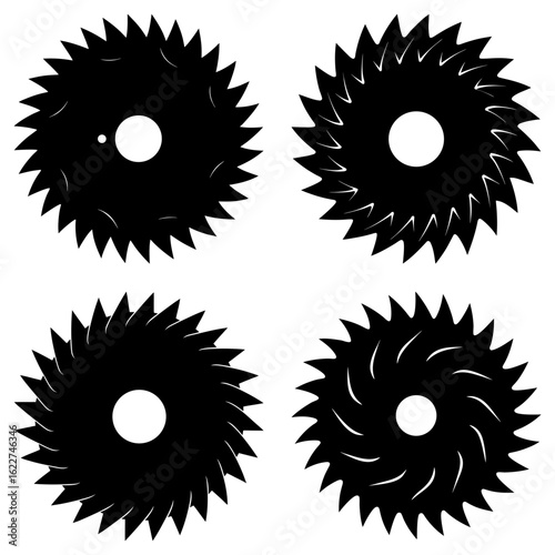 Four black saw blades with different tooth designs arranged in a square formation on white background