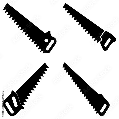 Four black silhouette illustrations of hand saws with sharp teeth and ergonomic handles on a white background