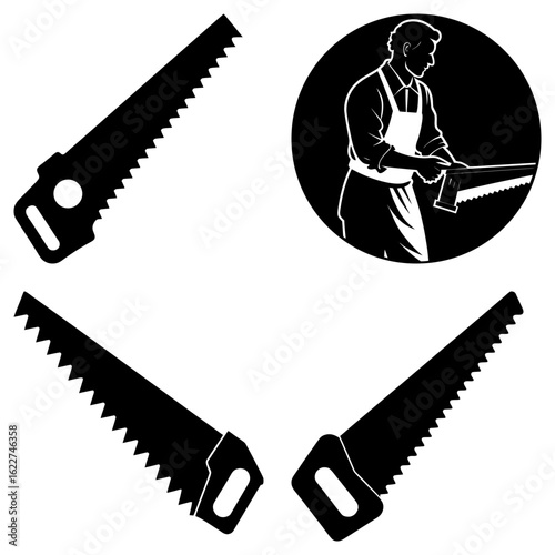 Illustration of a carpenter sawing wood with three additional saw blade tools in black and white style