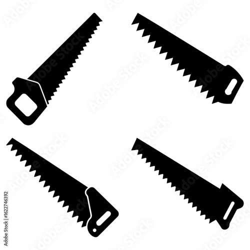 Four black silhouette illustrations of hand saws with toothed blades on a white background image art