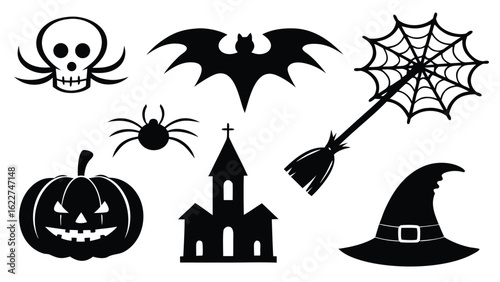 Halloween Icons Featuring A Skull Spider Bat Broom Witch Hat Pumpkin And Haunted Church Keywords: halloween, spooky, skull, spider, bat, broom, witch hat, pumpkin, haunted church, silhouette, icon