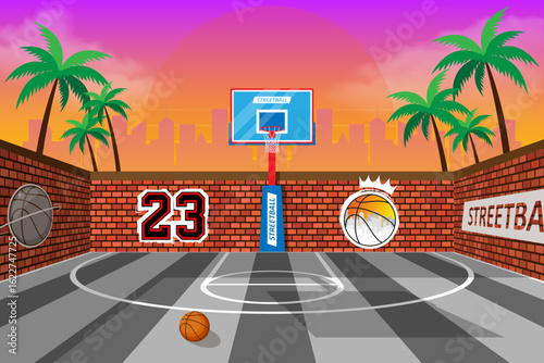 Empty basketball court in city scene background. Outdoor basketball Vector