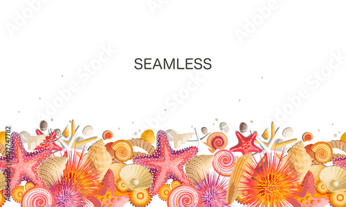 Vector seamless pattern with sea creatures isolated on a white background. Starfish, sea urchin, shells, mussels, beach, ocean. Vector illustration.