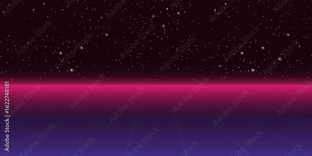 Obraz premium Retro neon background with 80s styled laser grid and stars from vintage arcade computer games