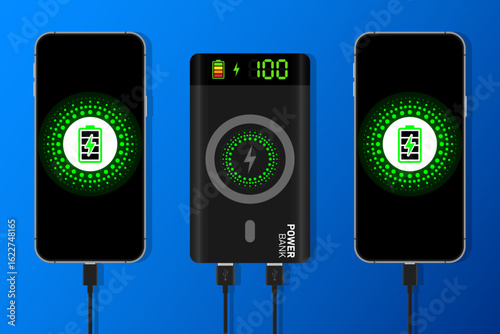 Smartphones charging from powerbank connection via USB cable realistic vector illustration