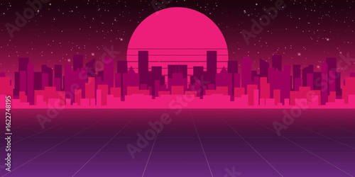 Retro 80s styled futuristic landscape with purple neon sun or moon in digital space and shiny grid for party poster, flyer or mix cover