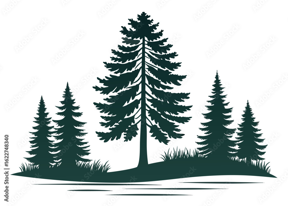 Fototapeta premium Silhouette of pine trees and grass on a white background evergreen forest