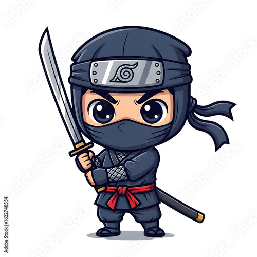 Cute chibi ninja warrior ready for action holding a katana sword with determined eyes and a traditional headband, perfect for gaming or martial arts themes