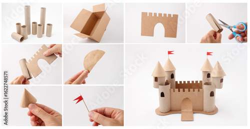 Step by step DIY cardboard castle project with red paper flags for eco art campaigns, creative workshops, stationery brands, upcycling initiatives, educational or hobby content use,