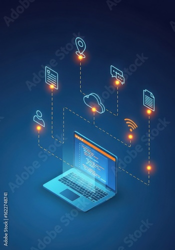 Isometric laptop with interconnected digital data icons for future innovation