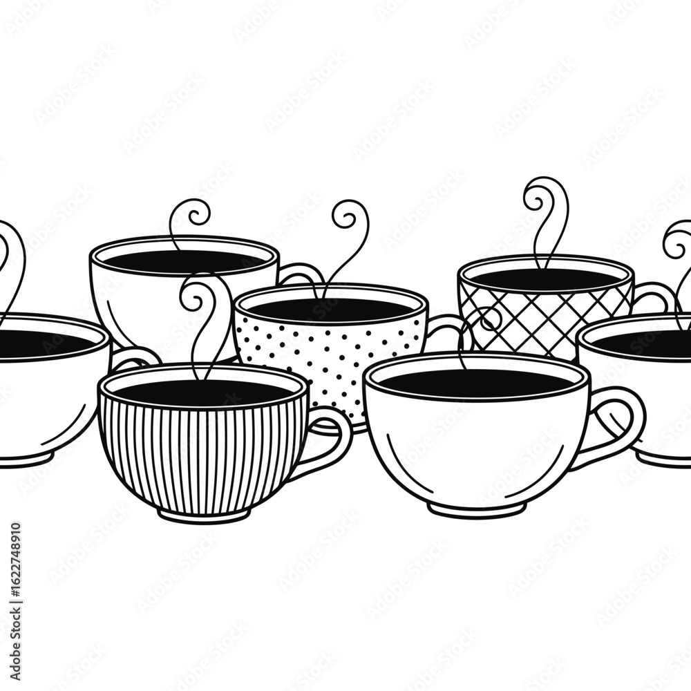 Obraz premium Seamless Pattern of Coffee Cups and Steam Black and White Illustration for Backgrounds and Designs