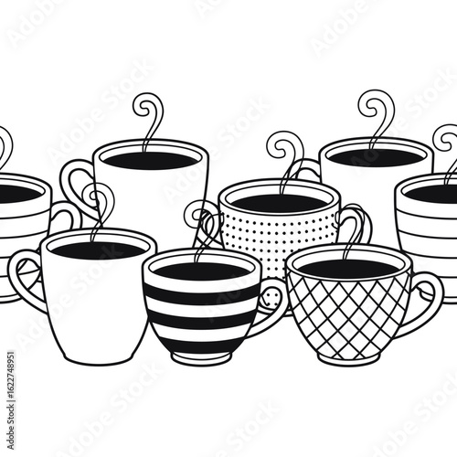 Black and White Illustration of Steaming Coffee Mugs with Assorted Designs for a Relaxing Theme
