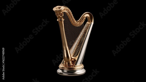 Elegant golden harp with intricate details on a dark background providing a stunning visual