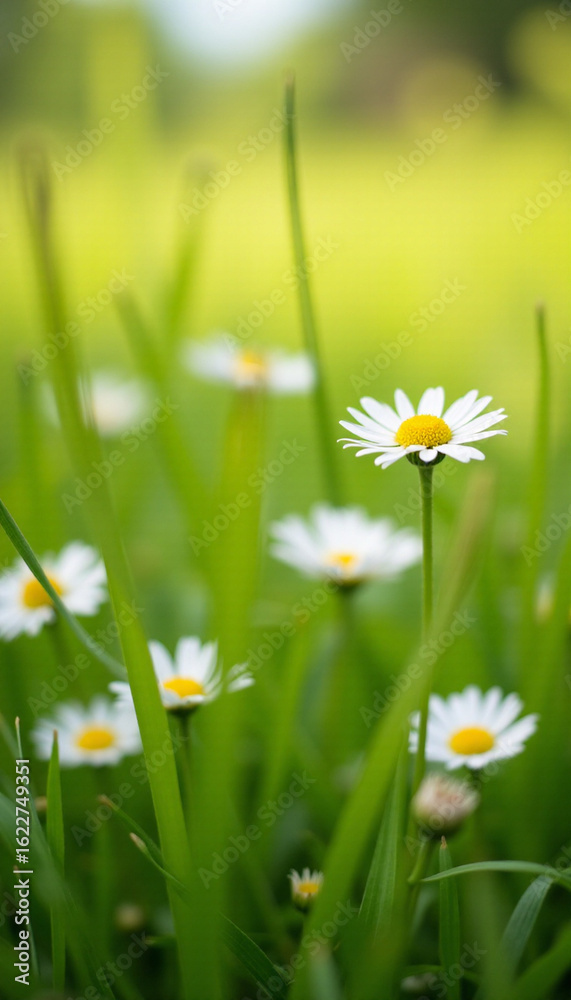 Fototapeta premium Beautiful blooming daisies in a lush green meadow with soft sunlight and a natural bokeh background. Perfect for spring and summer themes, nature design, and wellness visuals.